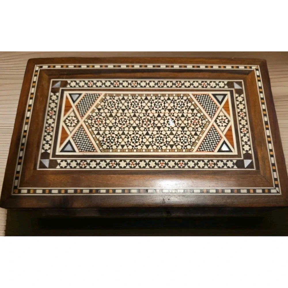 Vintage Wooden Inlay Marquetry Hinged Trinket Jewelry Box Geometric  9